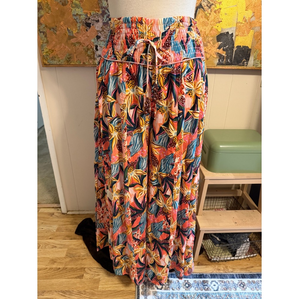 True Destinations Tropical Floral Smocked Wide Leg Palazzo Pants Medium Pink